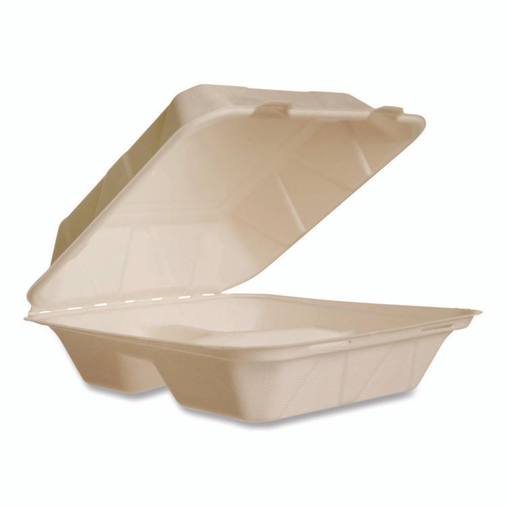 VEGWARE VWHC83NFA Nourish Molded Fiber Takeout Containers, Compostable, 3 Compartments, 7.9 x 7.9 x 2.9, White, Sugarcane, 200/Carton