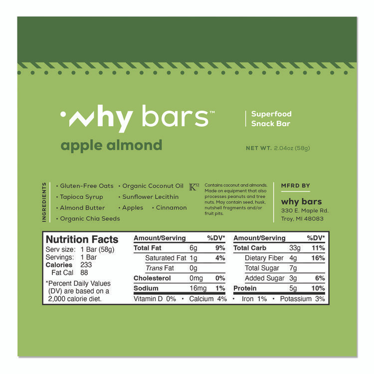 WHY BARS WHY16208 Superfood Snack Bar, Apple Almond, 2.04 oz Bar, 12/Box