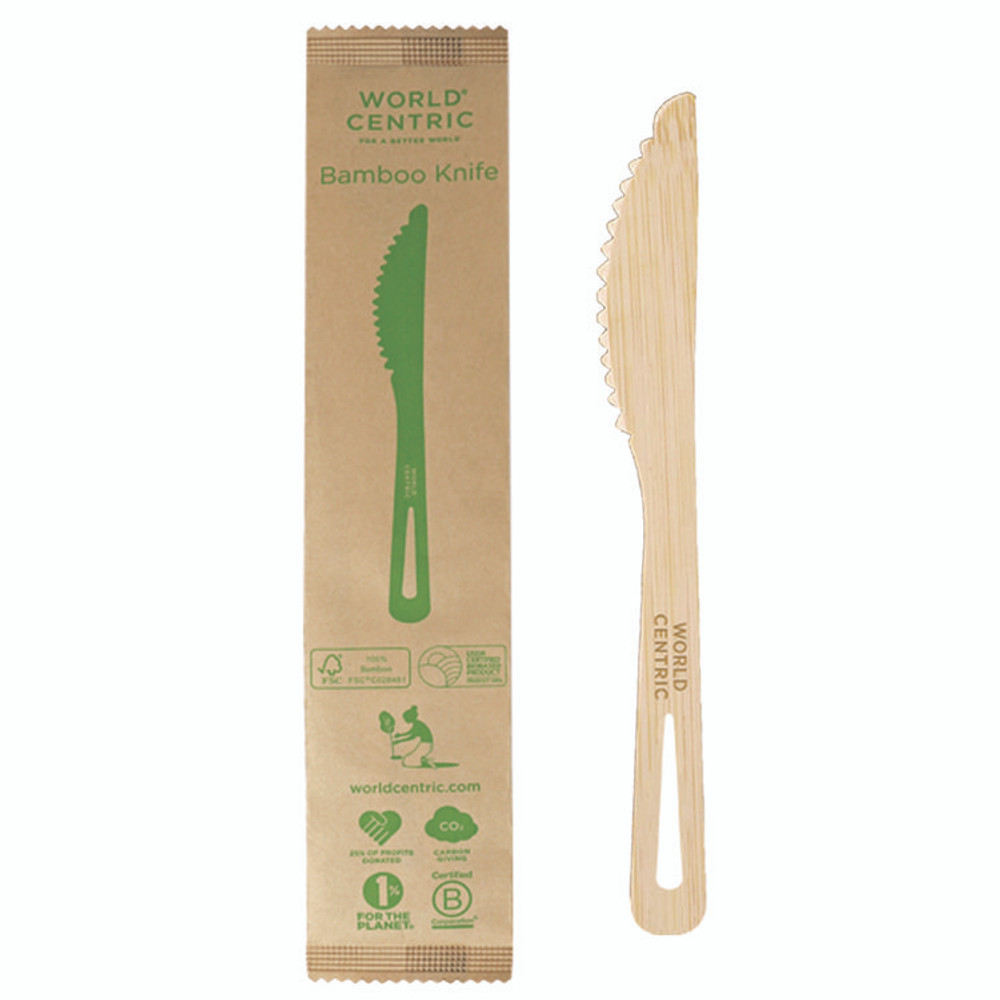 WORLD CENTRIC KNBBI Bamboo Cutlery, Knife, Paper, Natural, 750/Carton