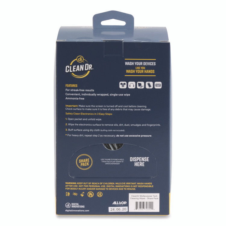 DIGITAL INNOVATIONS 32694 ScreenDr Multipurpose Tech Cleaning Wipes, 7 x 4, Unscented, White, 200/Pack