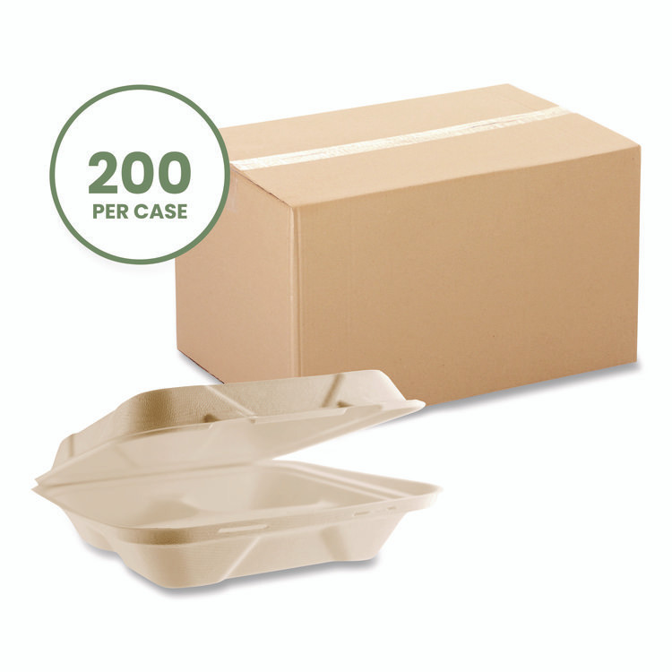 VEGWARE VWHC93NFA Nourish Molded Fiber Takeout Containers, Compostable, 3 Compartments, 9 x 9 x 3, White, Sugarcane, 200/Carton