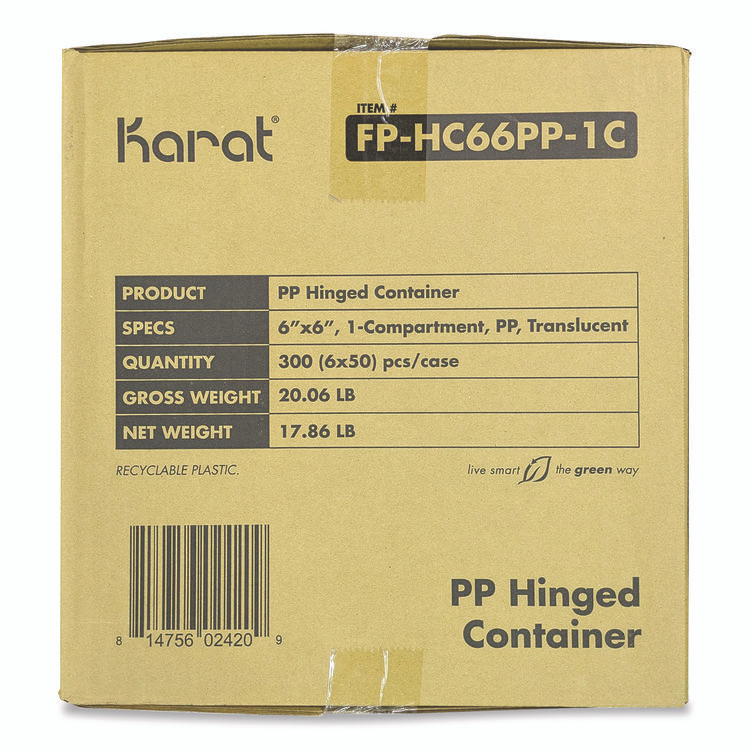 KARAT BY LOLLICUP FPHC66PP1C Polypropylene Plastic Hinged Container, 6 x 6 x 3.3, Clear, Plastic, 50/Pack, 6 Packs/Carton