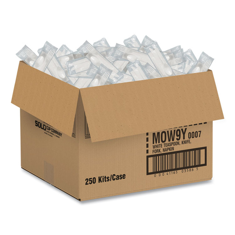 DART SOLO® MOW9Y0007 Regal Mediumweight Cutlery Kit, Individually Wrapped, Fork/Knife/Napkin/Spoon, Plastic, White, 250/Carton