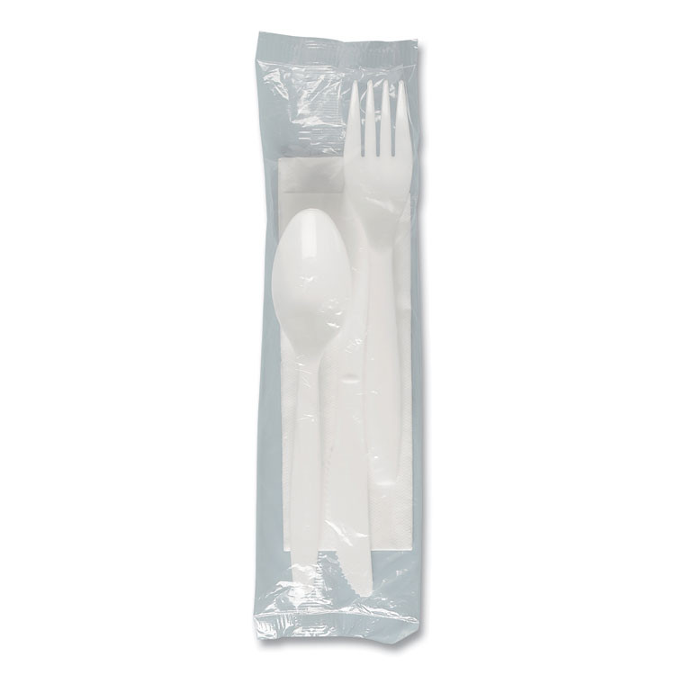 DART SOLO® MOW9Y0007 Regal Mediumweight Cutlery Kit, Individually Wrapped, Fork/Knife/Napkin/Spoon, Plastic, White, 250/Carton