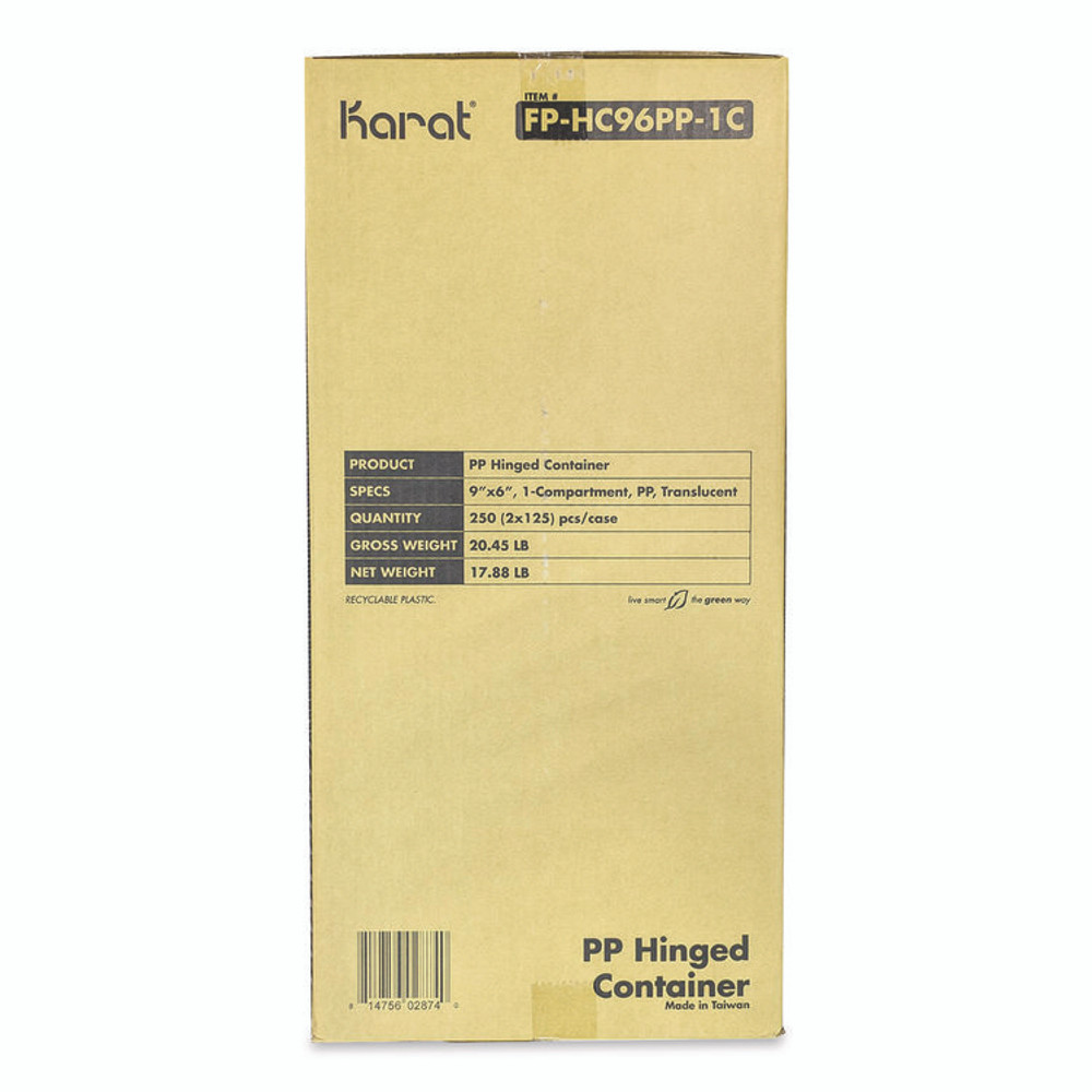 KARAT BY LOLLICUP FPHC96PP1C Polypropylene Plastic Hinged Container, 6 x 9 x 2.97, Clear, Plastic, 125/Pack, 2 Packs/Carton