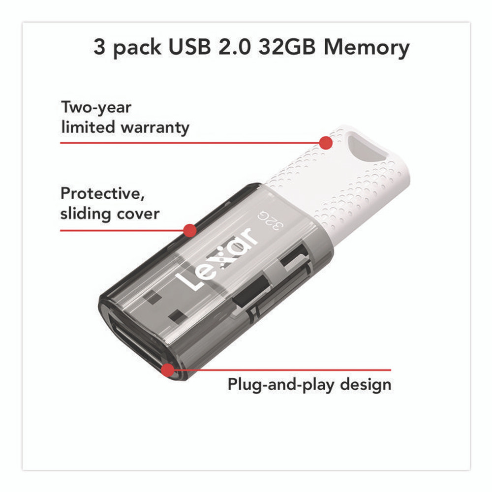 LEXAR MEDIA INC. LJDS6032GB3N JumpDrive S60 USB 2.0 Flash Drive, 32 GB, Gray/White, 3/Pack