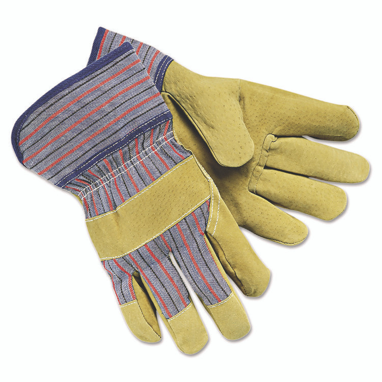 MCR SAFETY 1950L Grain-Leather-Palm Gloves, Gunn Cut, Wing Thumb, Large, Red/Blue Striped/Tan, 12 Pairs