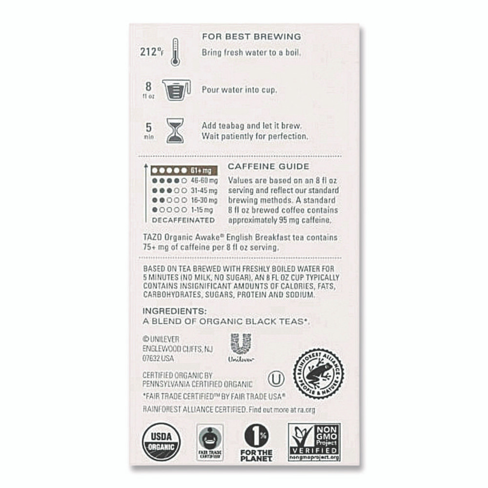 STARBUCKS COFFEE COMPANY Tazo® TAZ00303BX Tea Bags, Organic Awake English Breakfast, 16/Box
