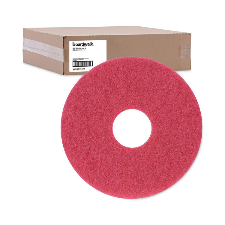 BOARDWALK 4012RED Buffing Floor Pads, 12" Diameter, Red, 5/Carton