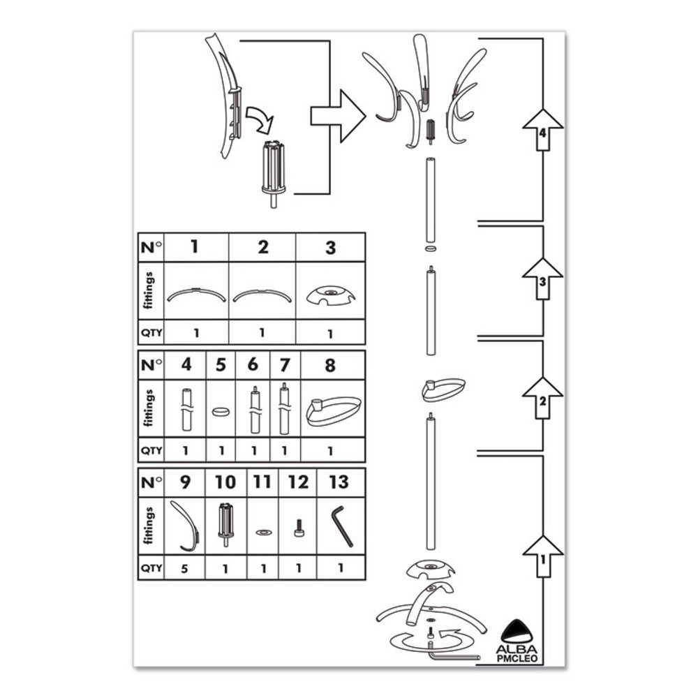 ALBA PMCLEON CLEO Coat Stand, Stand Alone Rack, Ten Knobs, Steel/Plastic, 19.75w x 19.75d x 68.9h, Black