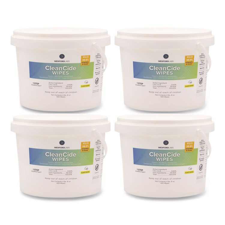 WEXFORD LABS 3130B400DCT CleanCide Disinfecting Wipes, 1-Ply, 8 x 5.5, Fresh Scent, White, 400/Tub, 4 Tubs/Carton