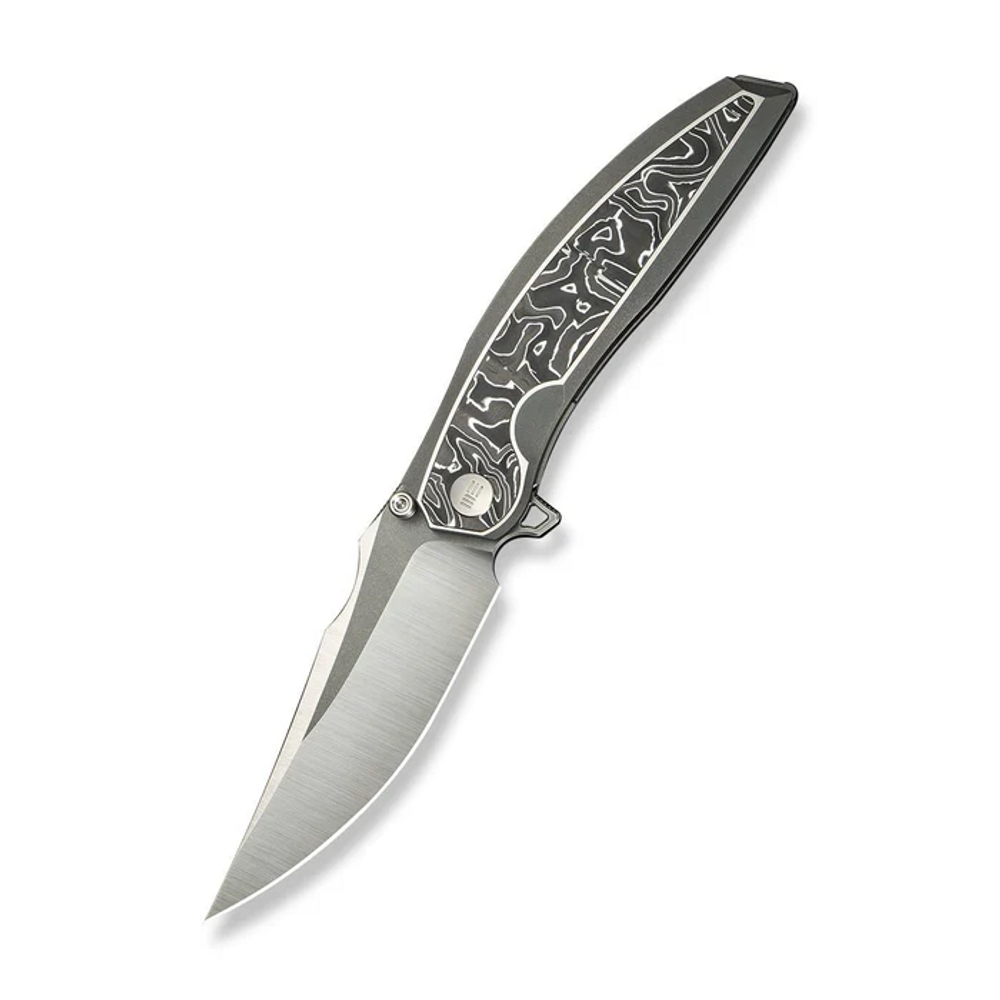 We Knife WE23093-3 WEKNIFE Quinseris Flipper & Thumb Stud Knife Gray Titanium Handle With Aluminum Foil Carbon Fiber Inlay (3.96"" Hand Polished Satin Bohler M390 Blade, Gray Stonewashed Flat) WE23093-3