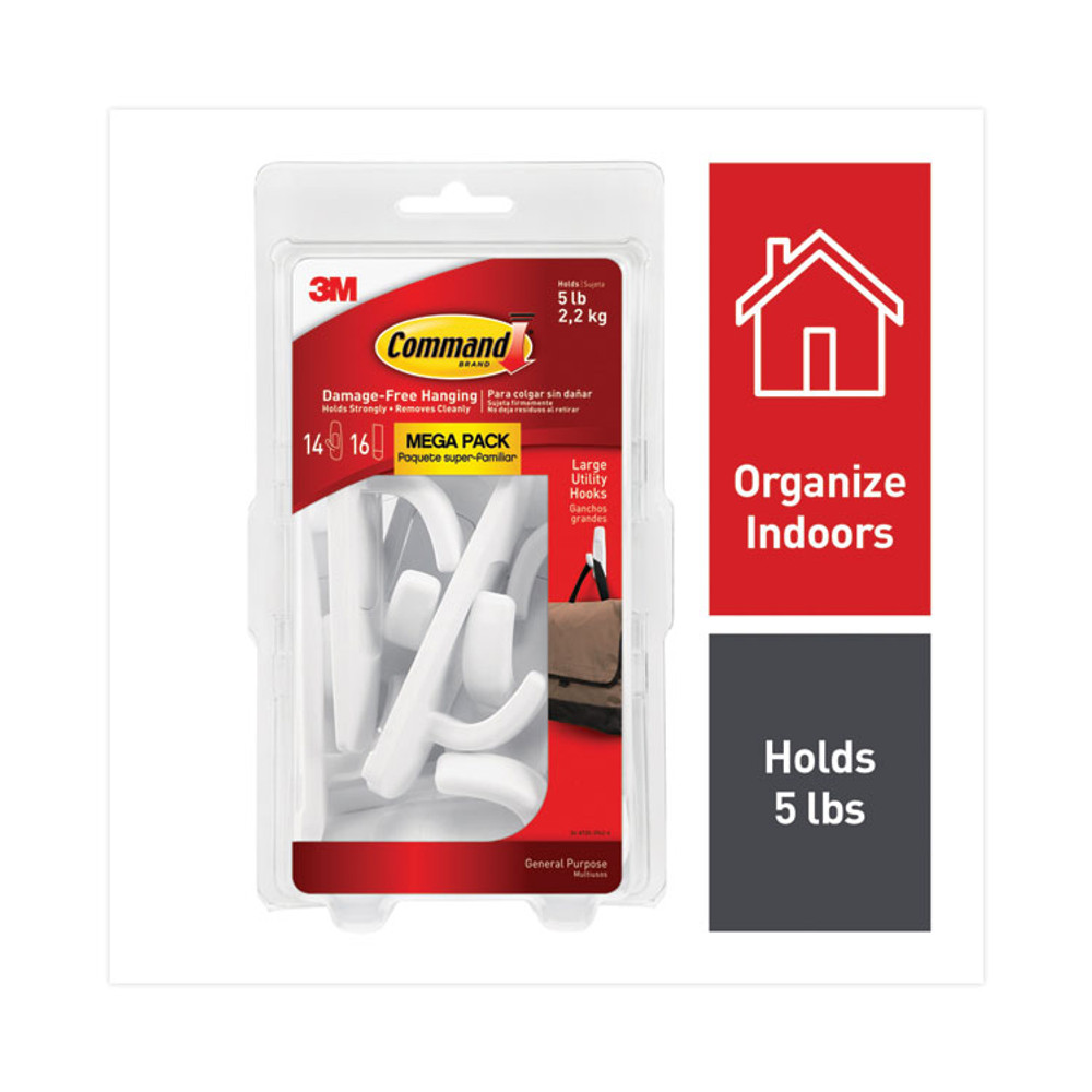 3M/COMMERCIAL TAPE DIV. Command™ 17003MPES General Purpose Hooks, Large, Plastic, White, 5 lb Capacity, 14 Hooks and 16 Strips/Pack