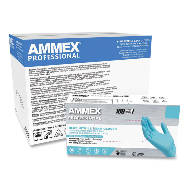AMMEX CORPORATION Professional APFN48100CT Nitrile Exam Gloves, Powder-Free, X-Large, 3 mil Thick, 9.5" Long, Light Blue, 100/Box, 10 Boxes/Carton