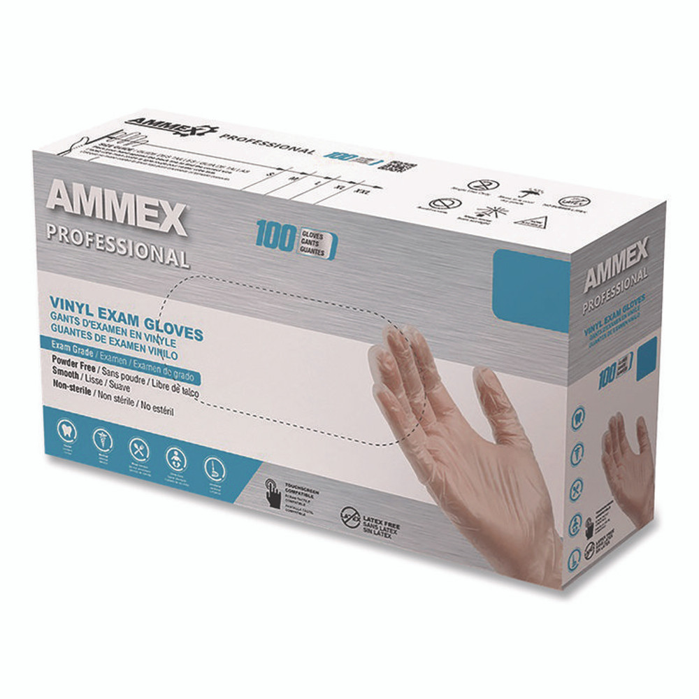 AMMEX CORPORATION Professional VPF66100 Vinyl Exam Gloves, Powder-Free, Large, Clear, 100/Box