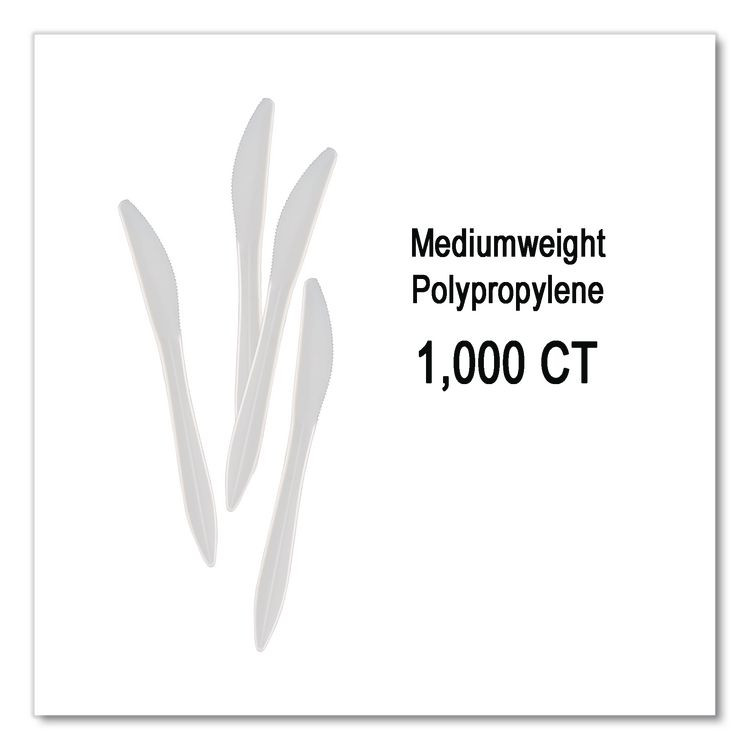 BERK ENTERPRISES INC Berkley Square 1011000 Mediumweight Polypropylene Cutlery, Knife, Plastic, White, 1,000/Carton