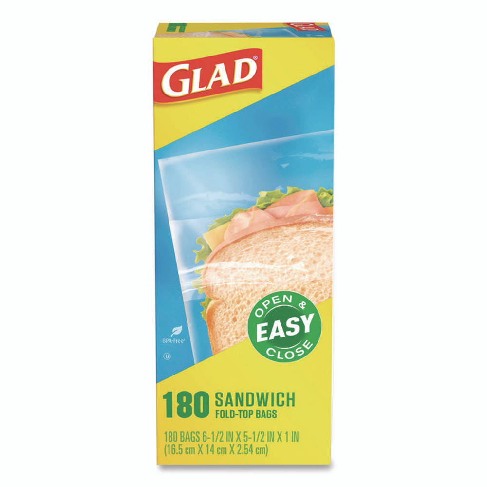CLOROX SALES CO. Glad® 60771 Fold Top Food Storage Plastic Sandwich Bags, 6.5 x 5.5, Clear, 180 Bags/Box, 12 Boxes/Carton