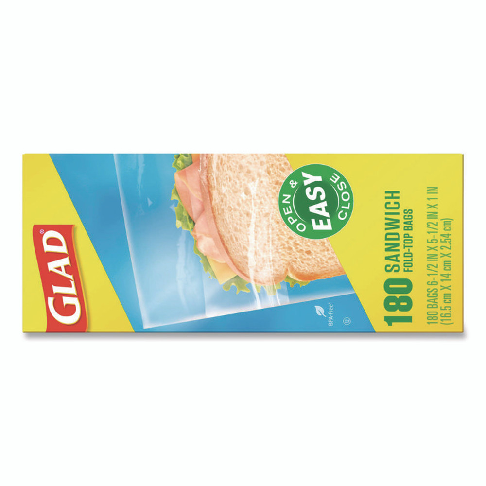 CLOROX SALES CO. Glad® 60771 Fold Top Food Storage Plastic Sandwich Bags, 6.5 x 5.5, Clear, 180 Bags/Box, 12 Boxes/Carton