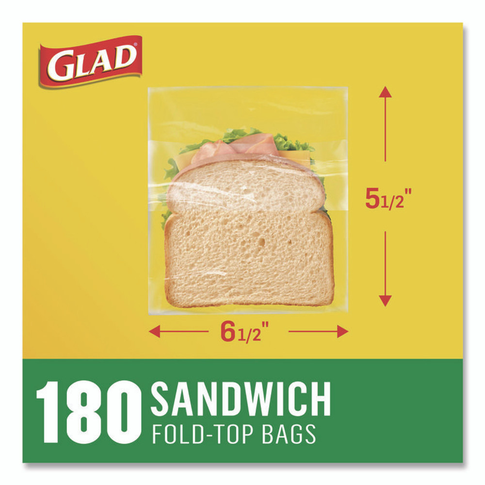 CLOROX SALES CO. Glad® 60771 Fold Top Food Storage Plastic Sandwich Bags, 6.5 x 5.5, Clear, 180 Bags/Box, 12 Boxes/Carton