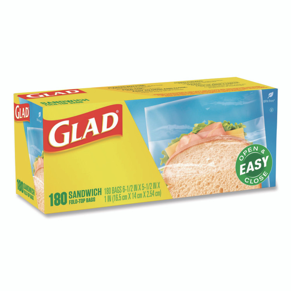 CLOROX SALES CO. Glad® 60771 Fold Top Food Storage Plastic Sandwich Bags, 6.5 x 5.5, Clear, 180 Bags/Box, 12 Boxes/Carton