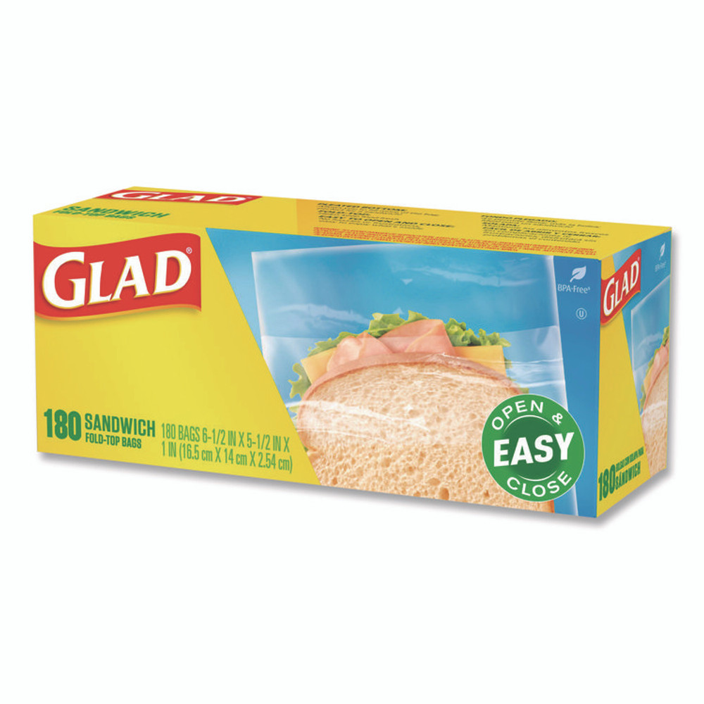 CLOROX SALES CO. Glad® 60771 Fold Top Food Storage Plastic Sandwich Bags, 6.5 x 5.5, Clear, 180 Bags/Box, 12 Boxes/Carton