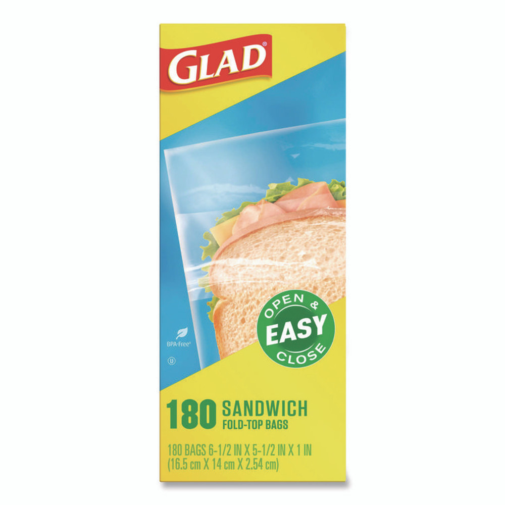 CLOROX SALES CO. Glad® 60771 Fold Top Food Storage Plastic Sandwich Bags, 6.5 x 5.5, Clear, 180 Bags/Box, 12 Boxes/Carton