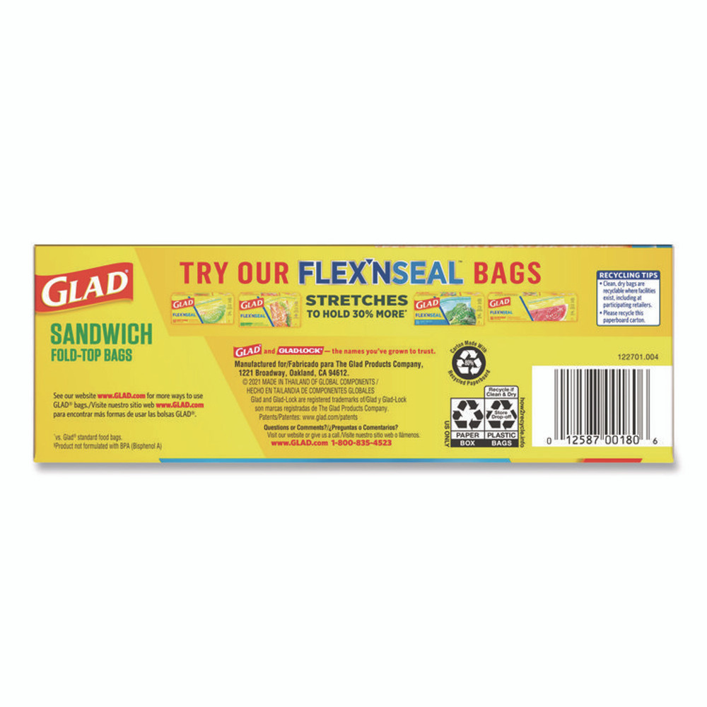 CLOROX SALES CO. Glad® 60771 Fold Top Food Storage Plastic Sandwich Bags, 6.5 x 5.5, Clear, 180 Bags/Box, 12 Boxes/Carton