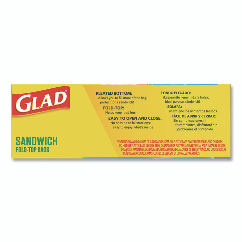 CLOROX SALES CO. Glad® 60771 Fold Top Food Storage Plastic Sandwich Bags, 6.5 x 5.5, Clear, 180 Bags/Box, 12 Boxes/Carton