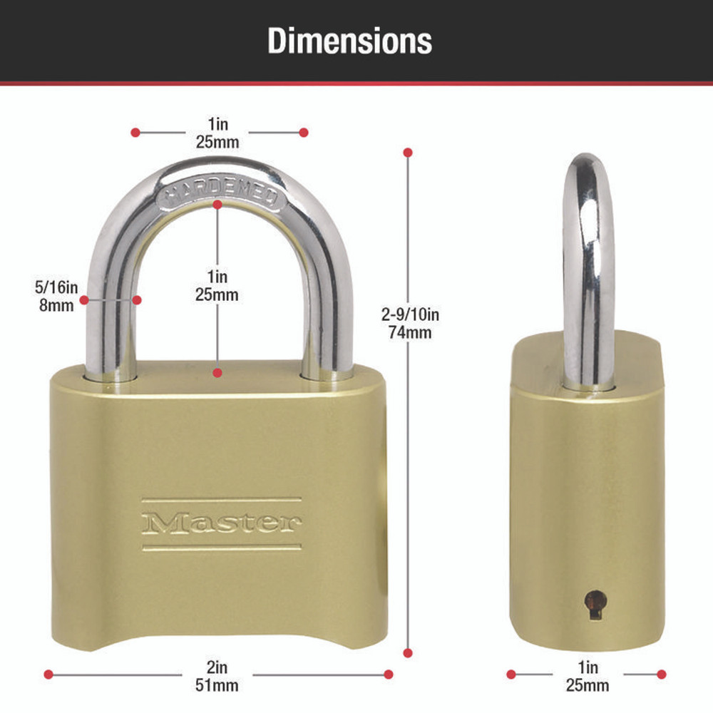 MASTER LOCK COMPANY 175D Resettable Combination Padlock, 2" Wide, Brass