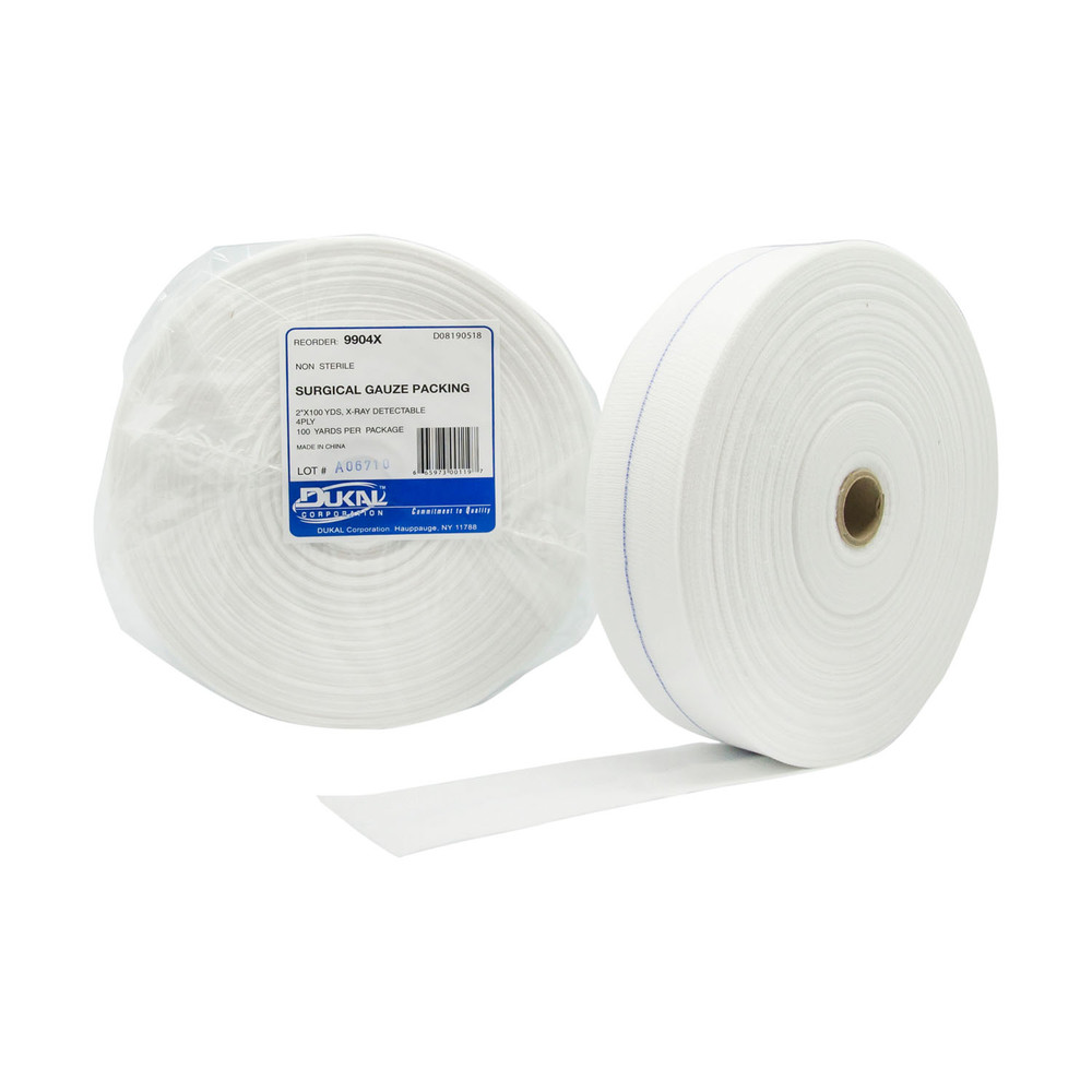 Dukal Corporation  9904X Gauze Packing, Non-Sterile, 28 x 24 Mesh, 2" x 100 yds, 4-Ply, X-Ray Detectable, 10/cs