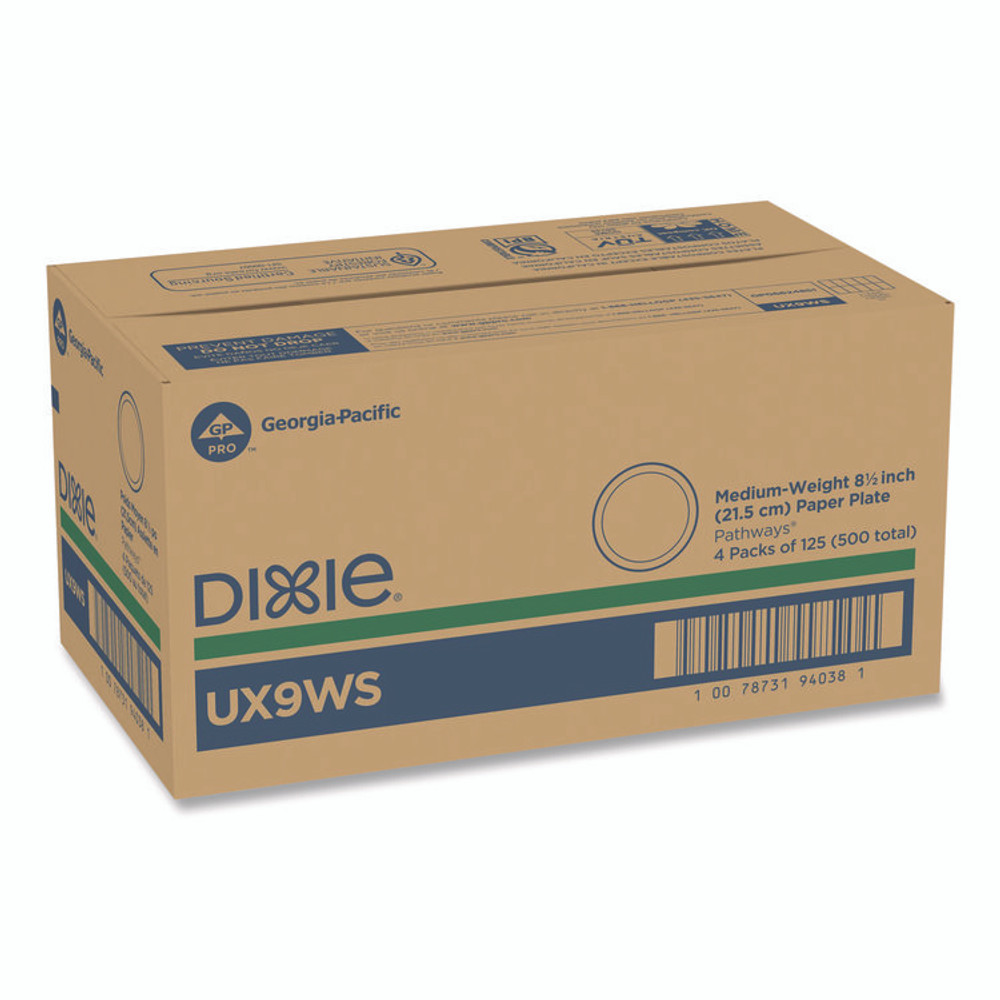 GEORGIA PACIFIC Dixie® UX9WS Pathways Soak-Proof Shield Mediumweight Paper Plates, WiseSize, 8.5" dia, Green/Burgundy, 125/Pack, 4 Packs/Carton