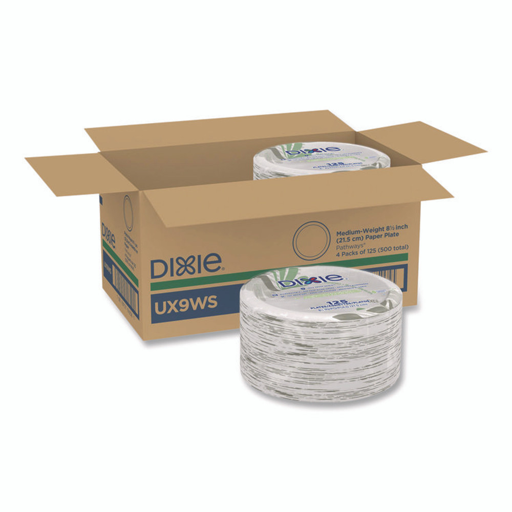 GEORGIA PACIFIC Dixie® UX9WS Pathways Soak-Proof Shield Mediumweight Paper Plates, WiseSize, 8.5" dia, Green/Burgundy, 125/Pack, 4 Packs/Carton