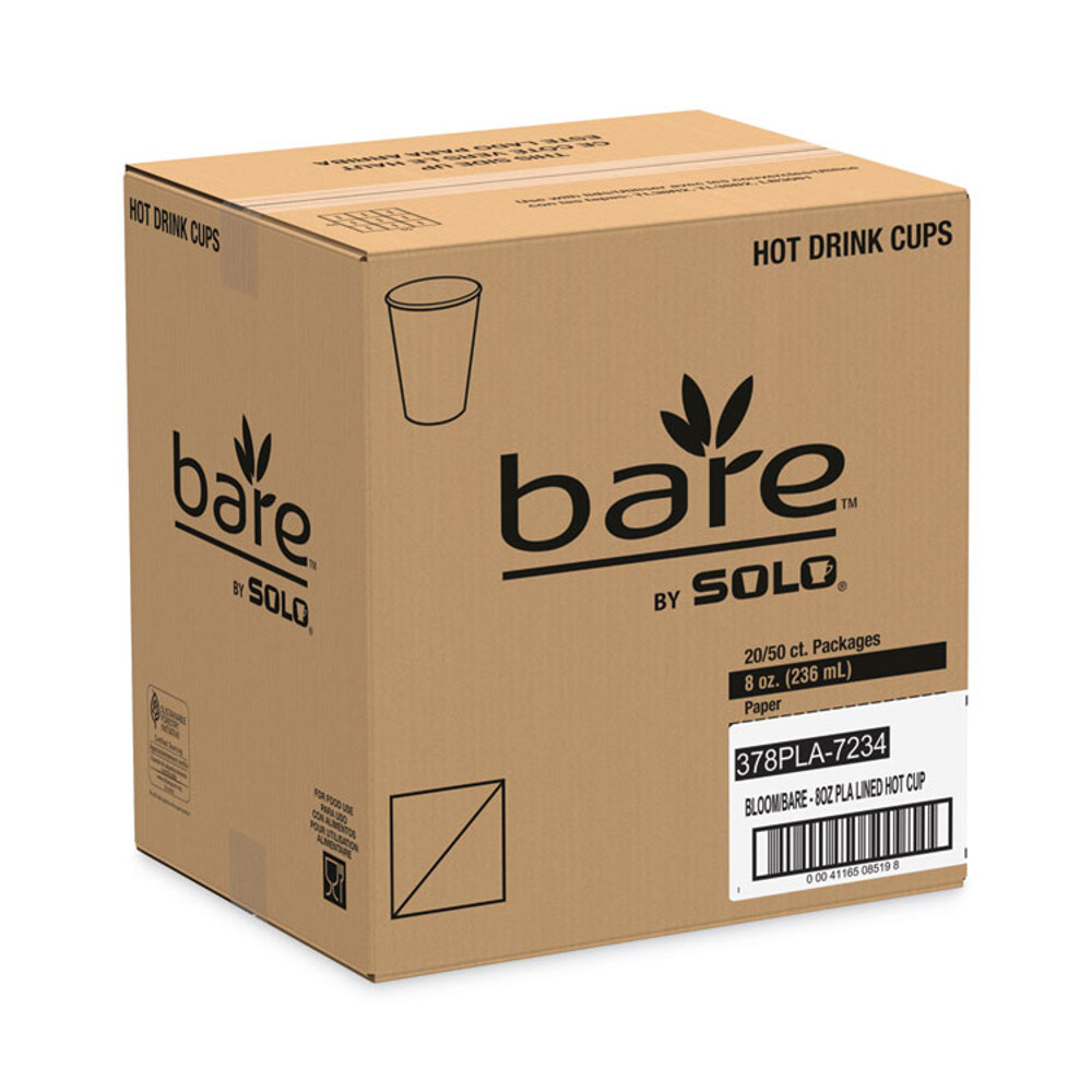 DART SOLO® 378PLA-BB Bare Eco-Forward PLA Paper Hot Cups, 8 oz, White/Green/Orange, 50/Bag, 20 Bags/Carton