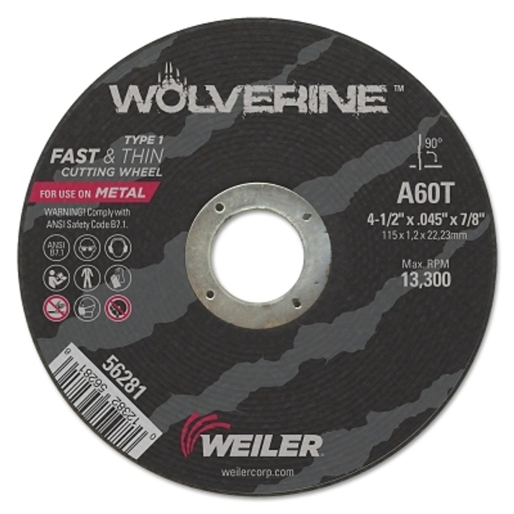 Weiler® Wolverine® Cut-Off Wheel, Type 1, AO, 4-1/2 in dia x 7/8 in AH x 0.045 in Thick, 60T, 1 EA/EA
