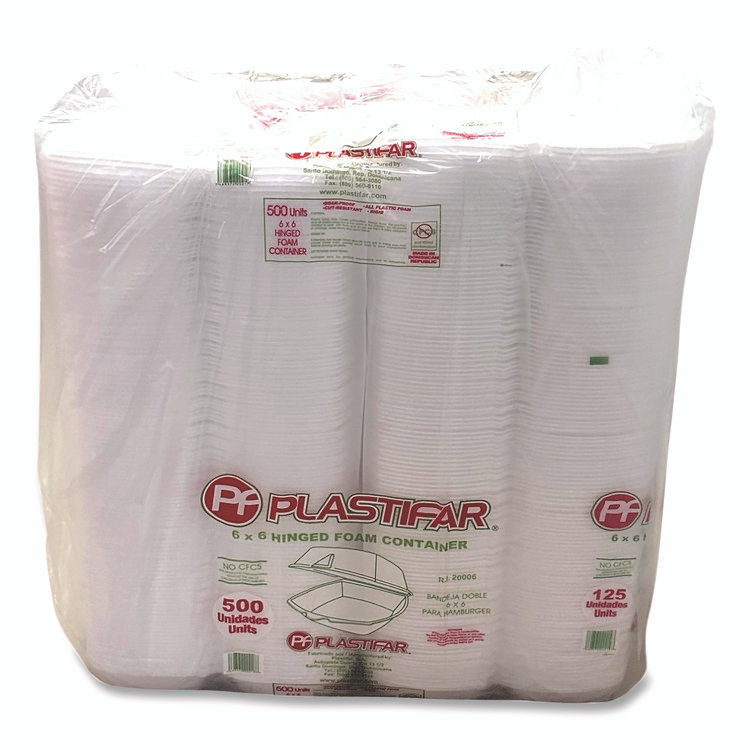 PLASTIFAR SA 12175 Foam Hinged Lid Containers, 6 x 6 x 3, White, Foam, 500/Carton