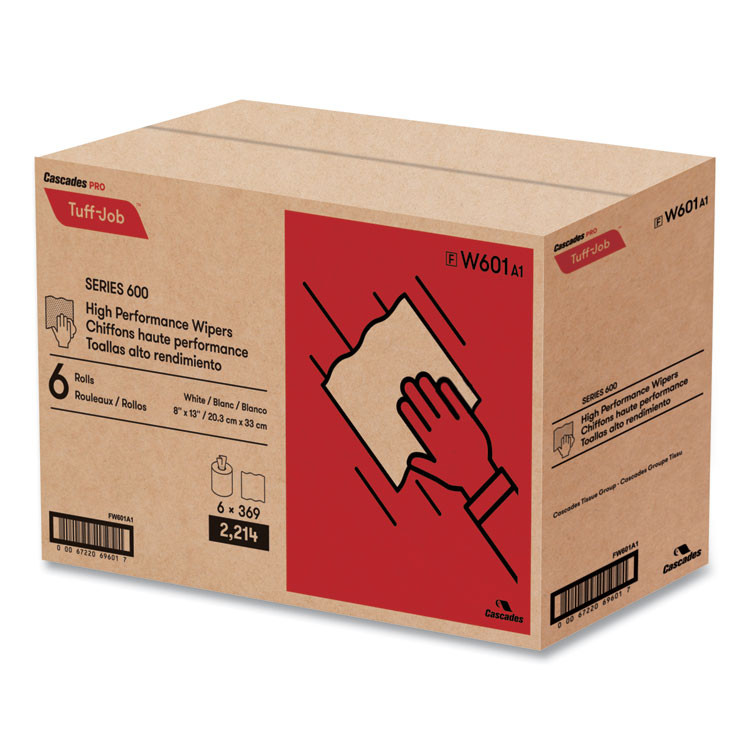 CASCADES TISSUE GROUP PRO W601 Tuff-Job Spunlace Towels, Centerpull Roll, 8 x 13, White, 369 Sheets/Roll, 6/Carton
