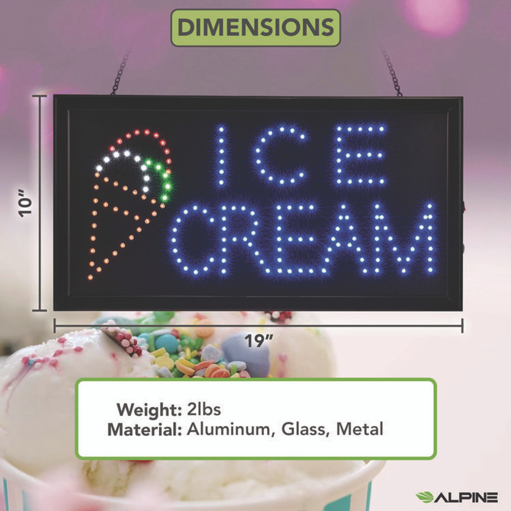 ALPINE INDUSTRIES ALP49713 LED Rectangular Ice Cream Sign, 19 x 10, Black Frame, Blue/Green/Orange/Red/White Graphics