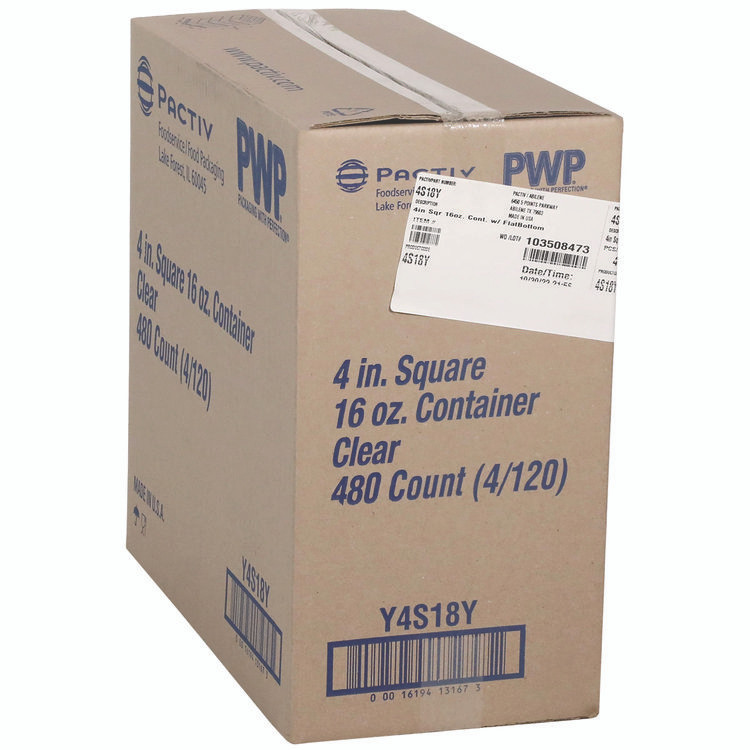 PACTIV EVERGREEN CORPORATION 4S18Y PET Square Container, 16 oz, 4 x 4 x 3, Clear, Plastic, 480/Carton