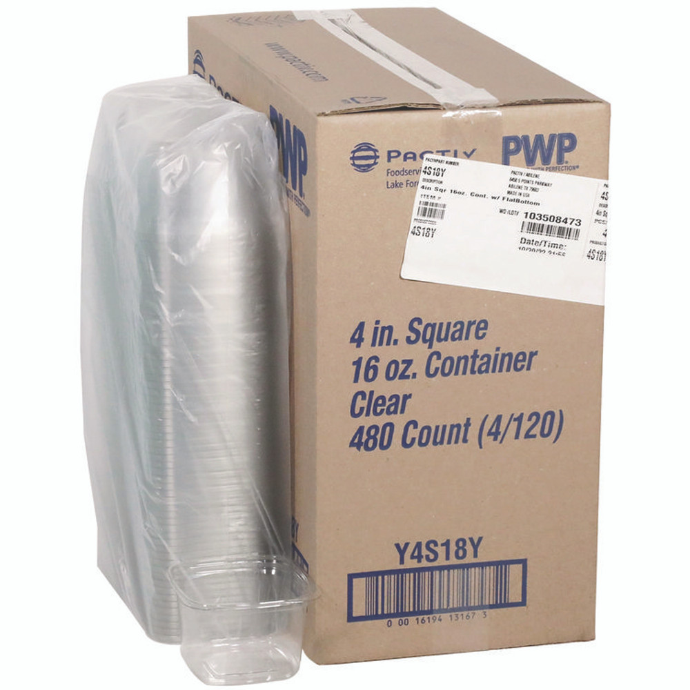 PACTIV EVERGREEN CORPORATION 4S18Y PET Square Container, 16 oz, 4 x 4 x 3, Clear, Plastic, 480/Carton