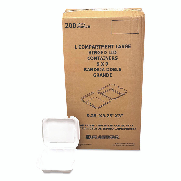 PLASTIFAR SA 12084 Foam Hinged Lid Containers, 9 x 9 x 3, White, Foam, 200/Carton