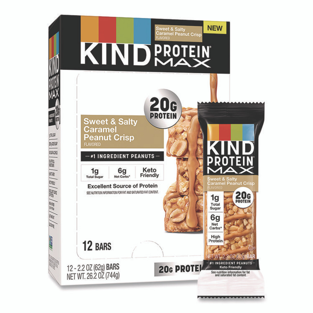KIND LLC PHW43475 Protein MAX Bar, Sweet and Salty Caramel Peanut Crisp, 2.2 oz Bar, 12/Box