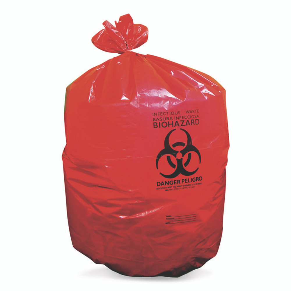 HERITAGE A8046PR Healthcare Biohazard Printed Low-Density Can Liners, Biohazard, 45 gal, 1.3 mil, 40 x 46, Red, Flat Pack, 200/Carton