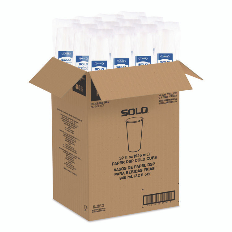 DART SOLO® RNP32P2050 Double Sided Poly (DSP) Paper Cold Cups, 28 oz to 32 oz, White, 40 Cups/Sleeve, 12 Sleeves/Carton