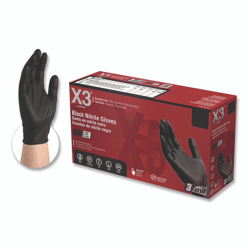 AMMEX CORPORATION X3® by BX349100BX Industrial Nitrile Gloves, Powder-Free, XX-Large, 3 mil Thick, 9.5" Long, Black, 100/Box