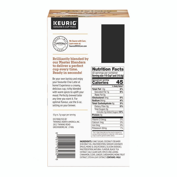TWININGS NORTH AMERICA INC 11007 Tea K-Cups, Chai Tea with Non-Fat Milk and Sweetener, 25% Less Sugar, 0.53 oz K-Cups, 22/Box