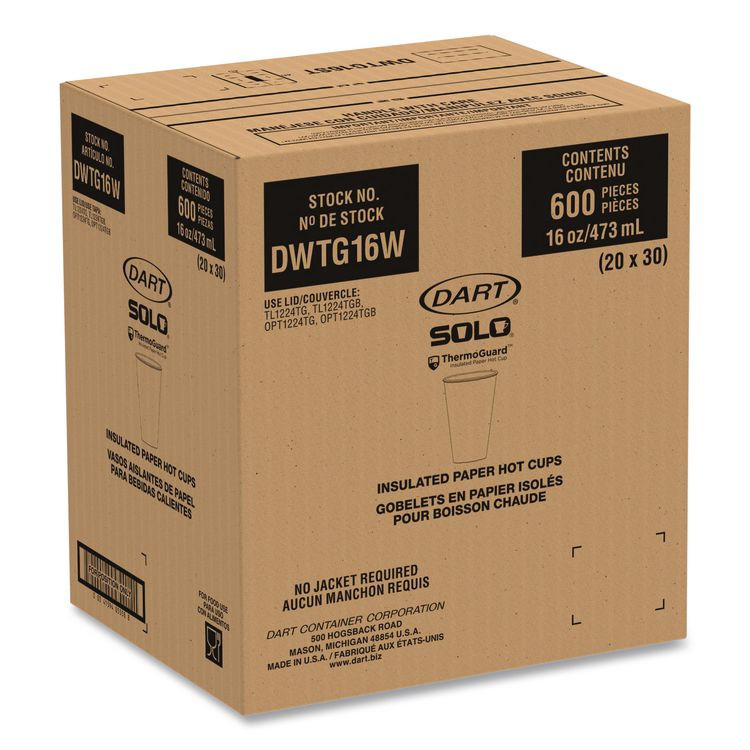 DART SOLO® DWTG16W Thermoguard Insulated Paper Hot Cups, 16 oz, White Sustainable Forest Design, 600/Carton