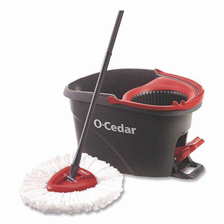 FREUDENBERG HOUSEHOLD PRODUCTS O-Cedar® 148473EA EZWring Spin Mop System, White Microfiber Head, Up to 51" Adjustable Red/Gray Plastic Handle
