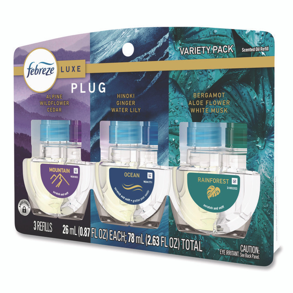 PROCTER & GAMBLE Febreze® 16249 PLUG Air Freshener Refills, Mountain/Ocean/Rainforest, 2.63 oz, 3/Pack, 6 Packs/Carton