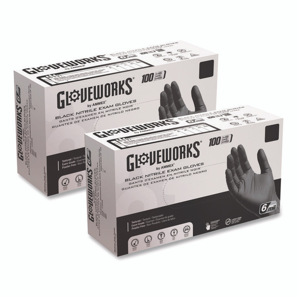 AMMEX CORPORATION GloveWorks® by GWBEN42100BX Nitrile Exam Gloves, Powder-Free, Small, 6 mil Thick, 9.5" Long, Black, 100/Box