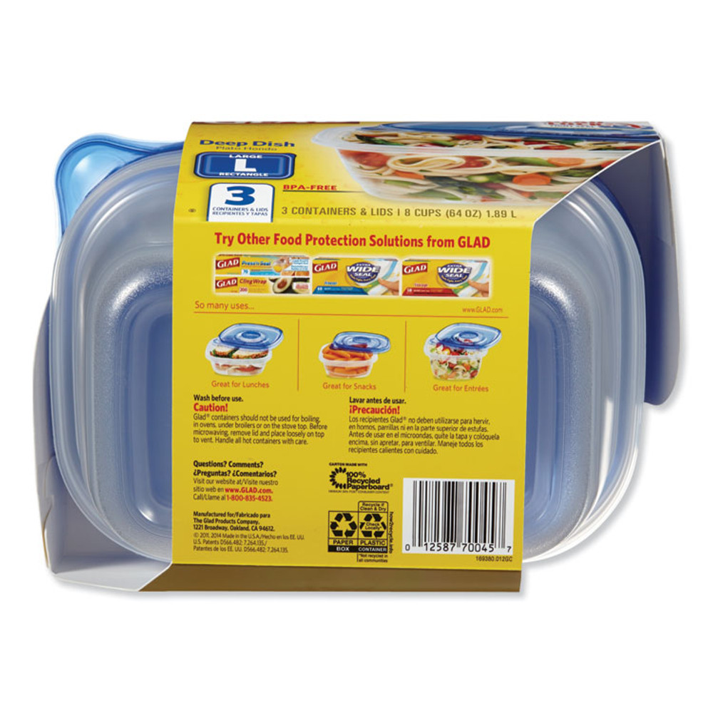 CLOROX SALES CO. Glad® 70045PK Deep Dish Food Storage Containers, 64 oz, Plastic, 3/Pack